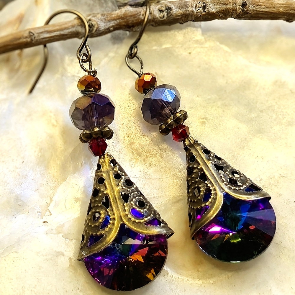Victorian Volcano & Dark AB Crystal Filigree Drop Earrings In Brass
